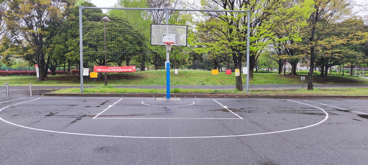 アスファルトのハーフコート全体と1基のゴールが見える中川公園
