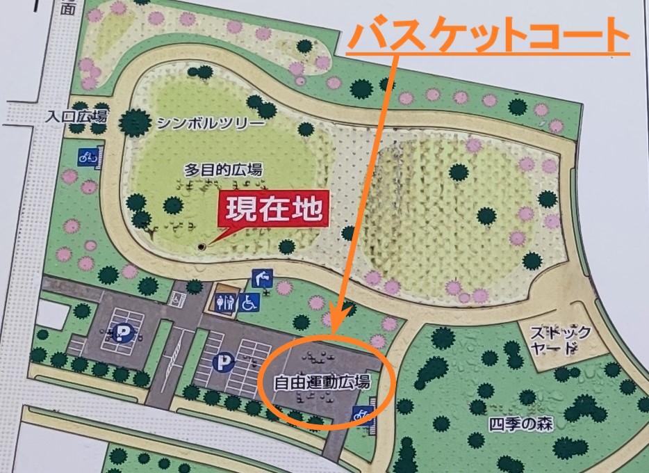 中川公園の園内マップに示されたバスケットコートの場所