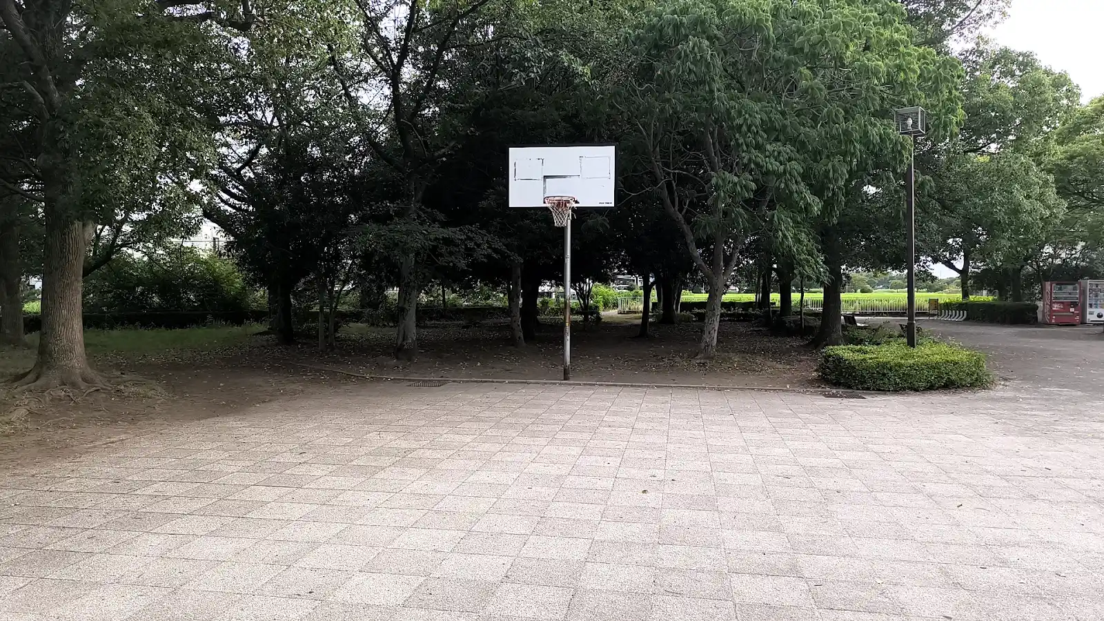 牛島公園のバスケットゴール正面と石タイルの広場