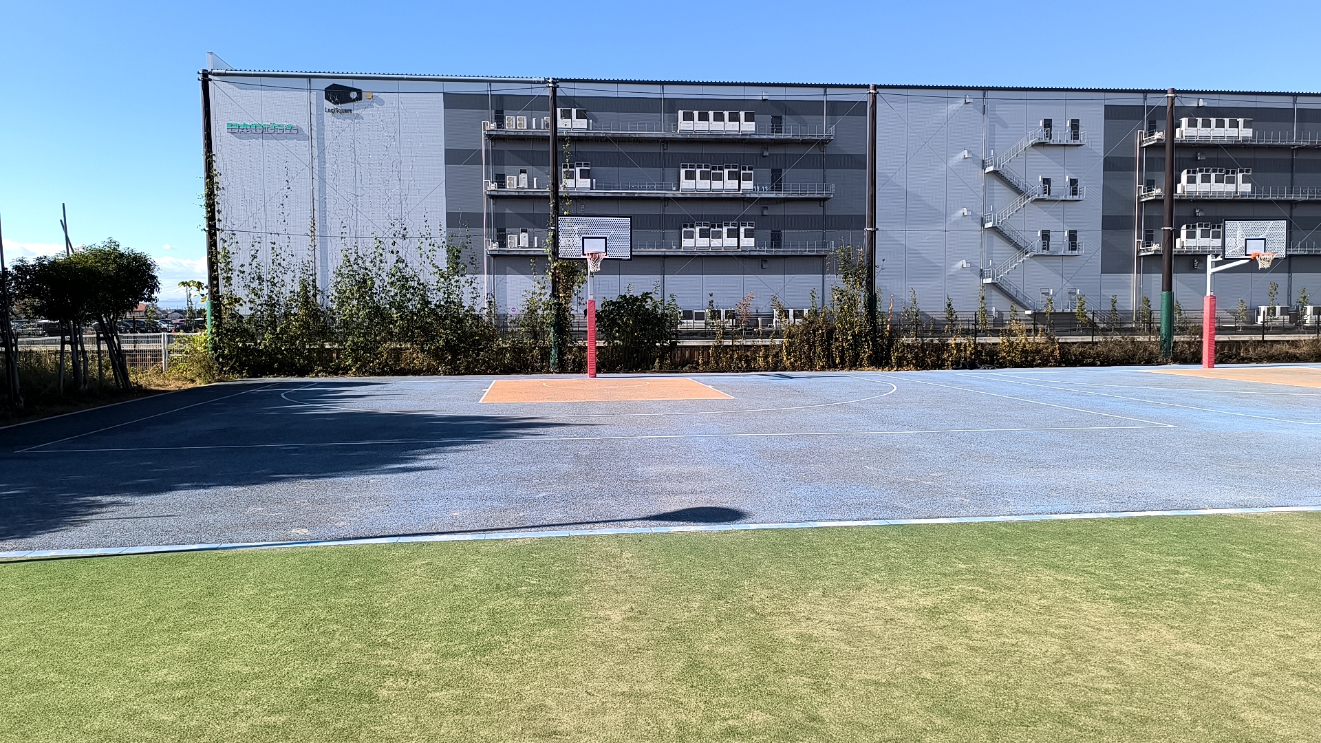 ふじみ野市運動公園に並ぶ2面の青い3×3コート