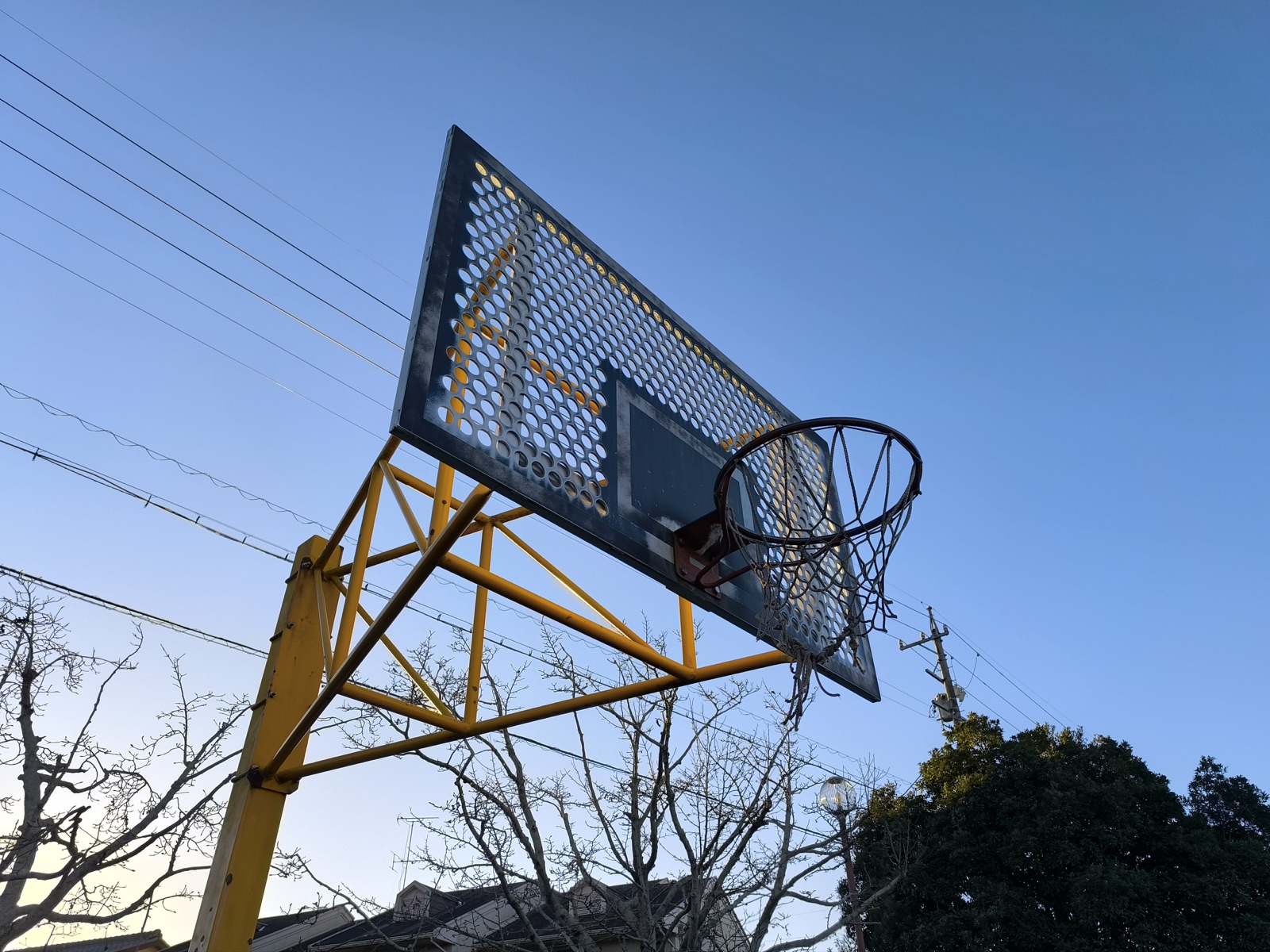 ひかり公園の穴あきバックボードとリングを見上げた様子