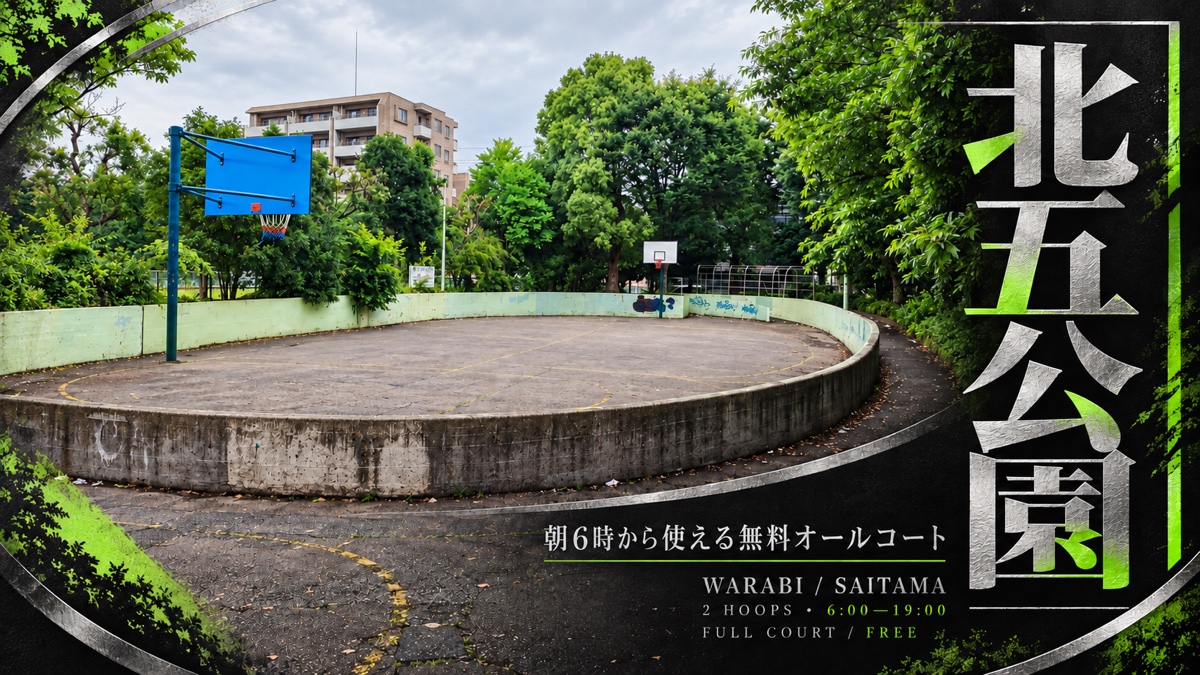 北五公園の2基のバスケットゴールと利用時間を紹介する漆と銀箔調のアイキャッチ画像