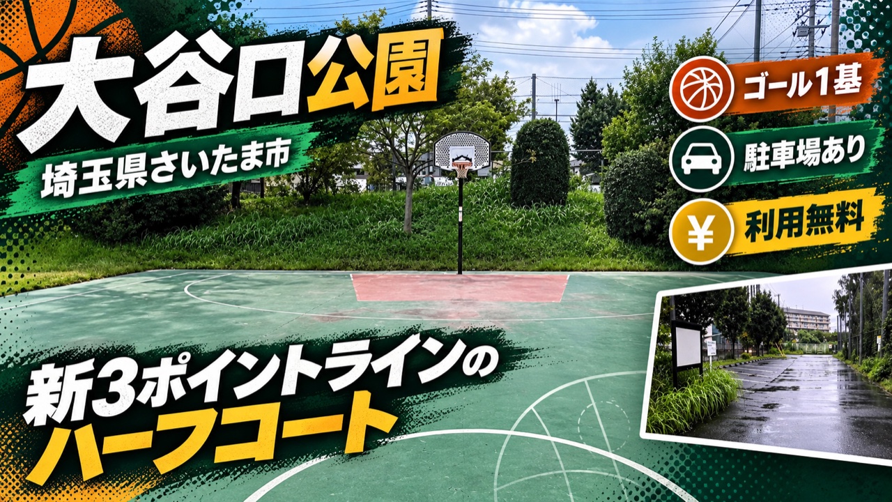 埼玉県さいたま市の大谷口公園バスケットコートと駐車場を紹介するアイキャッチ画像