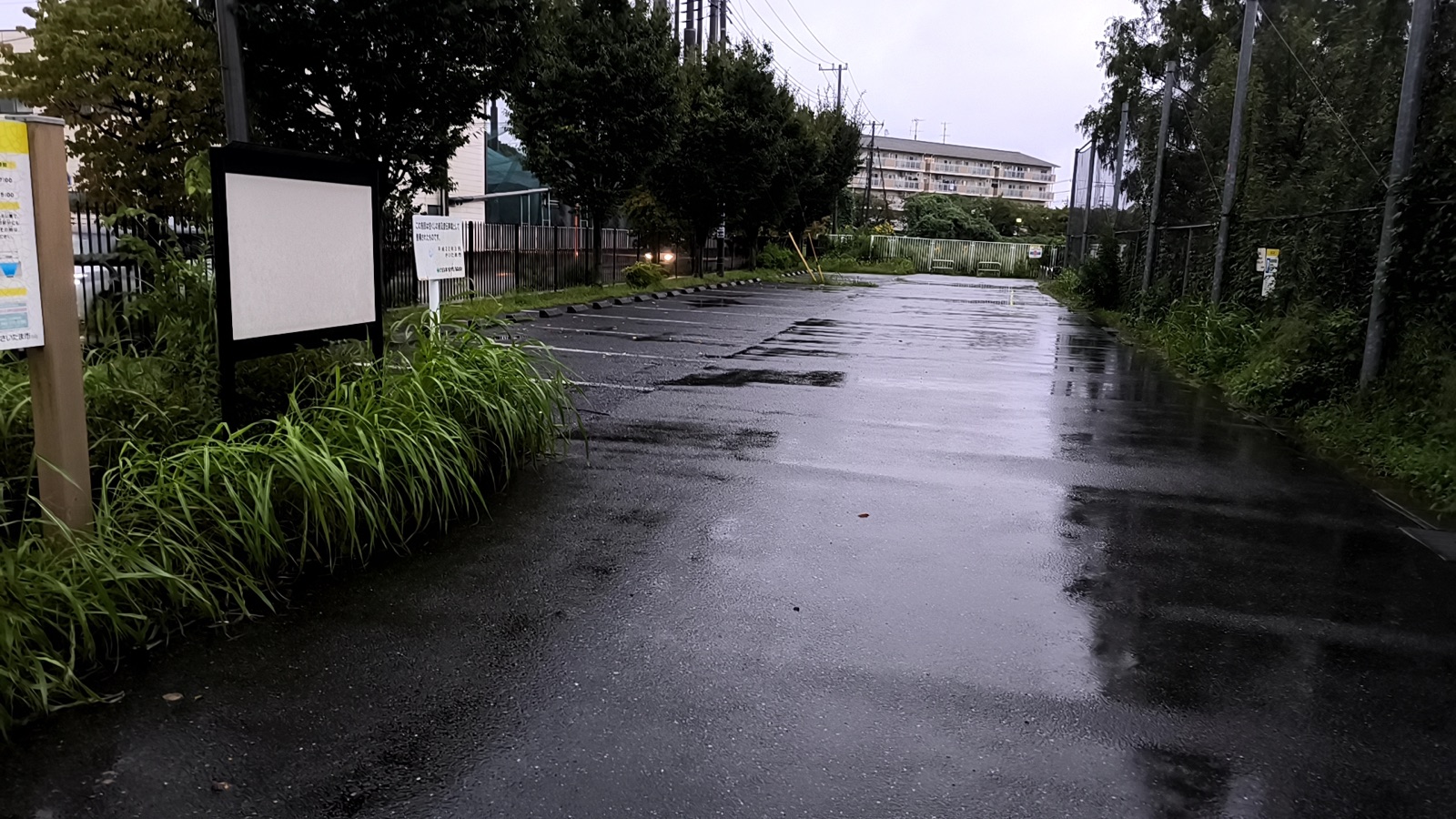 雨上がりに撮影した大谷口公園のアスファルト舗装駐車場