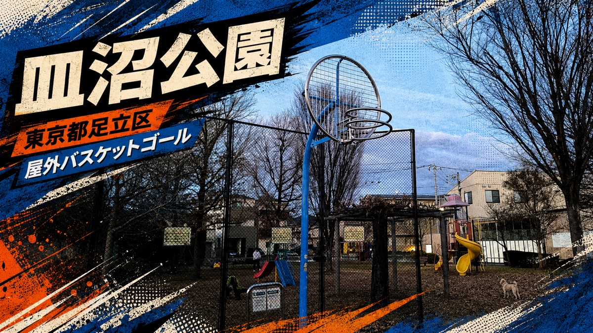 皿沼公園の屋外バスケットゴールを紹介するアイキャッチ画像