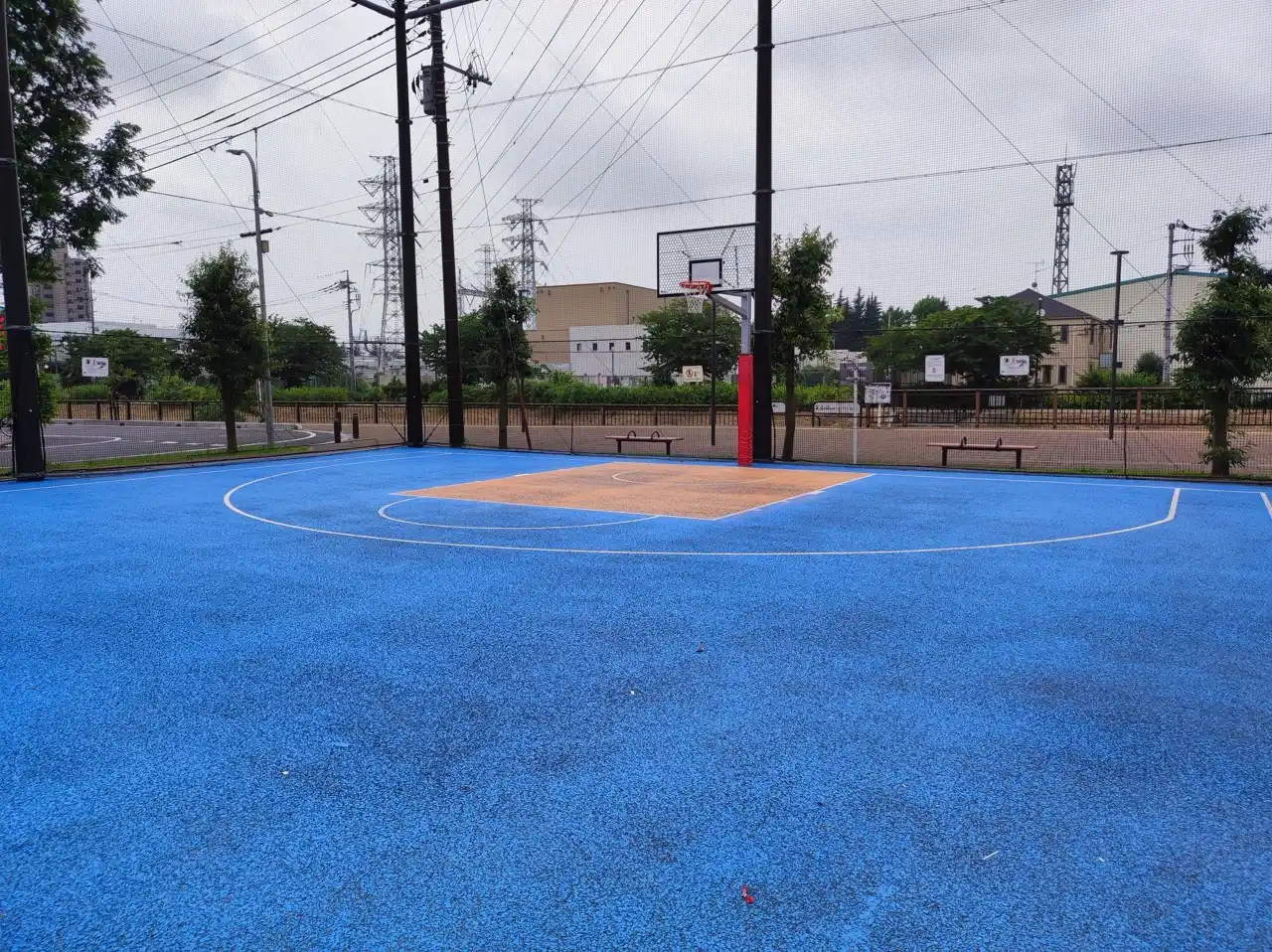 ボール公園にある新3ポイントライン付き青いハーフコート