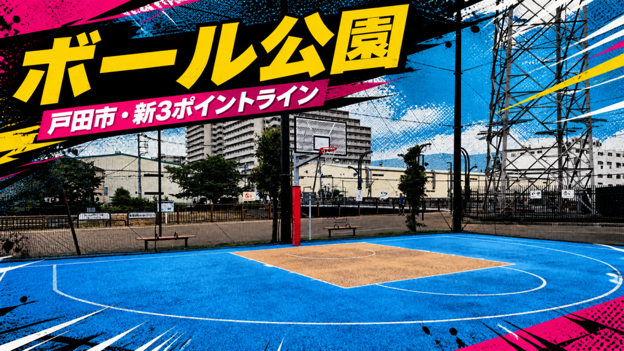 ボール公園の新3ポイントライン付きハーフコートを紹介するストリートコミック風アイキャッチ画像