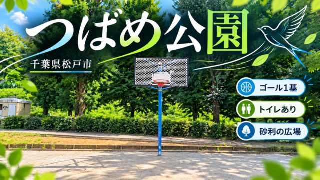 つばめ公園の青いバスケットゴールと、公園名・ゴール1基・トイレあり・砂利の広場を伝えるアイキャッチ