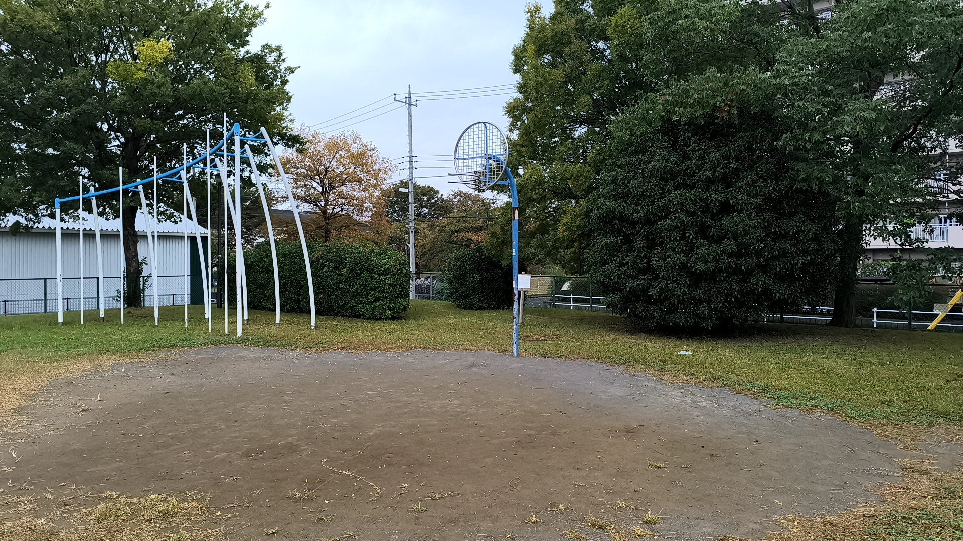 桑袋記念公園の丸い金属ボードのゴールを斜めから見た様子