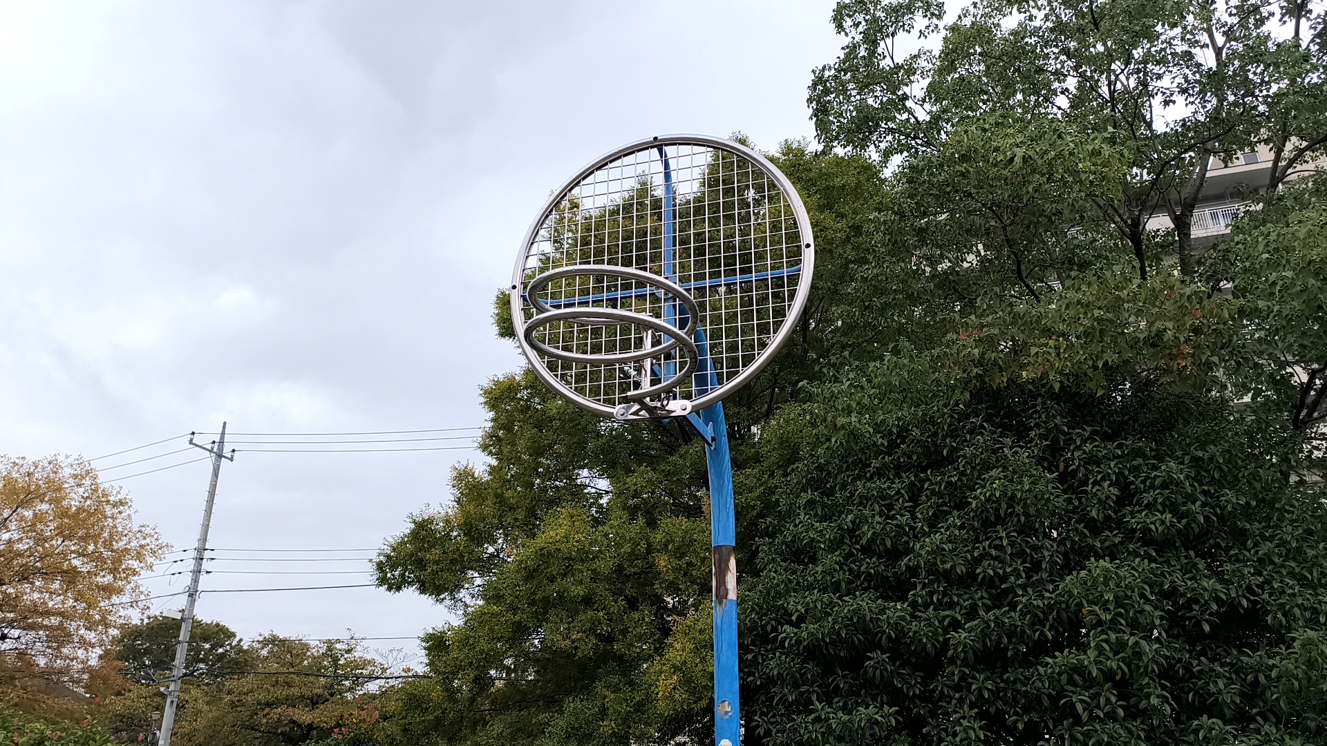 桑袋記念公園の丸い格子のバックボードとらせん状の金属リング