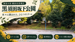 黒須田坂下公園の公園情報入りアイキャッチ：神奈川県横浜市青葉区・ゴール1基・3ポイントラインなし・駐車場なし