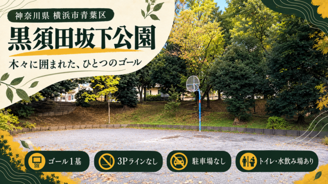 黒須田坂下公園の公園情報入りアイキャッチ：神奈川県横浜市青葉区・ゴール1基・3ポイントラインなし・駐車場なし