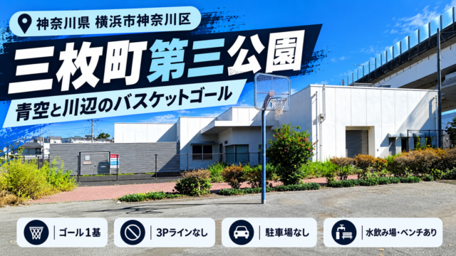 三枚町第三公園の公園情報入りアイキャッチ：神奈川県横浜市神奈川区・ゴール1基・3ポイントラインなし・駐車場なし
